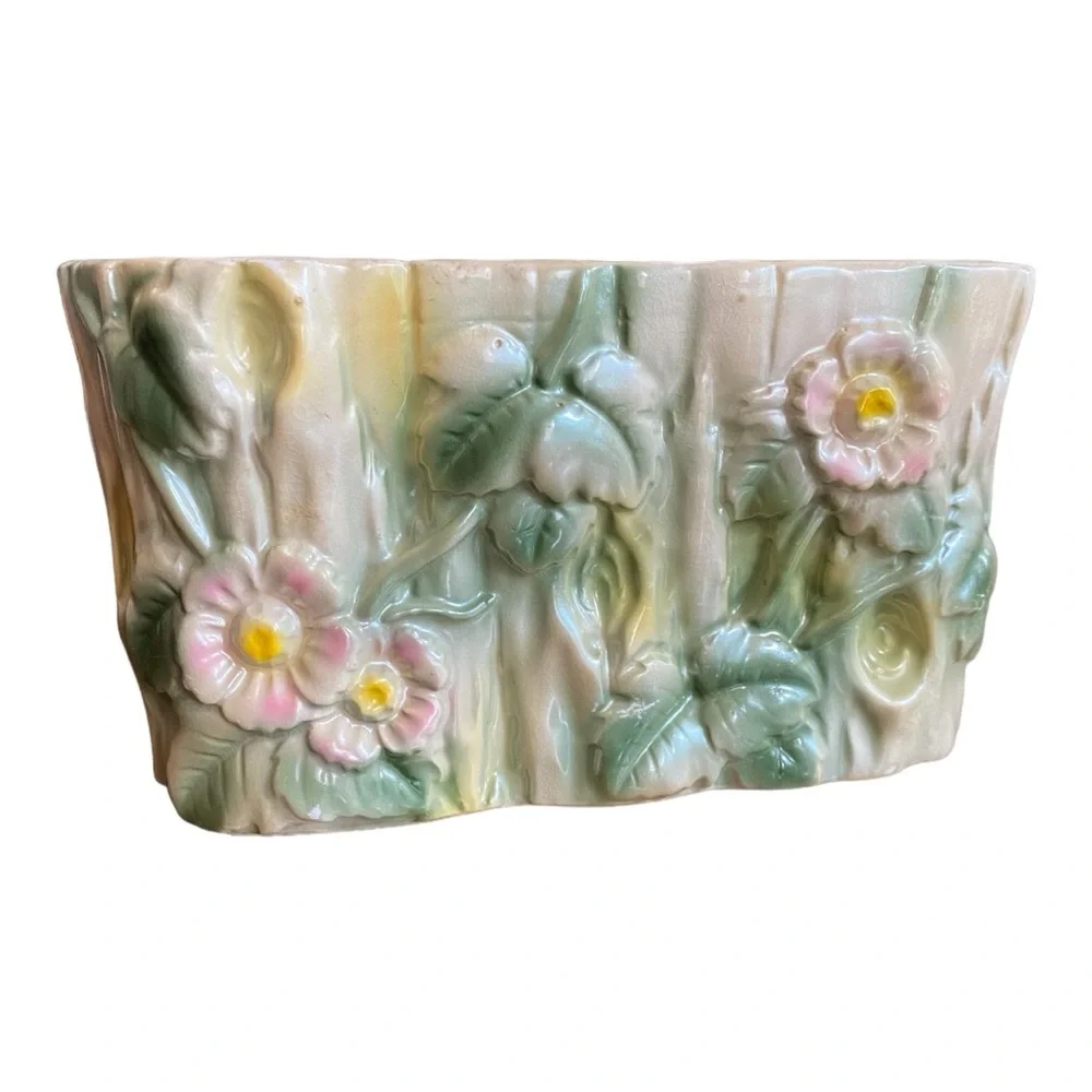 Vintage 1950s Wales Pottery Japan Floral Log Planter Cottagecore MCM